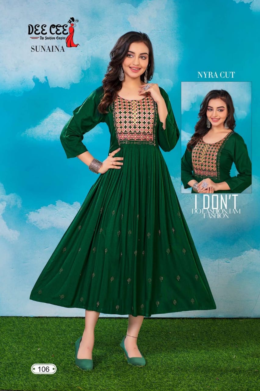 Sunaina By Deecee Rayon Naira Cut Embroidery Kurtis Catalog